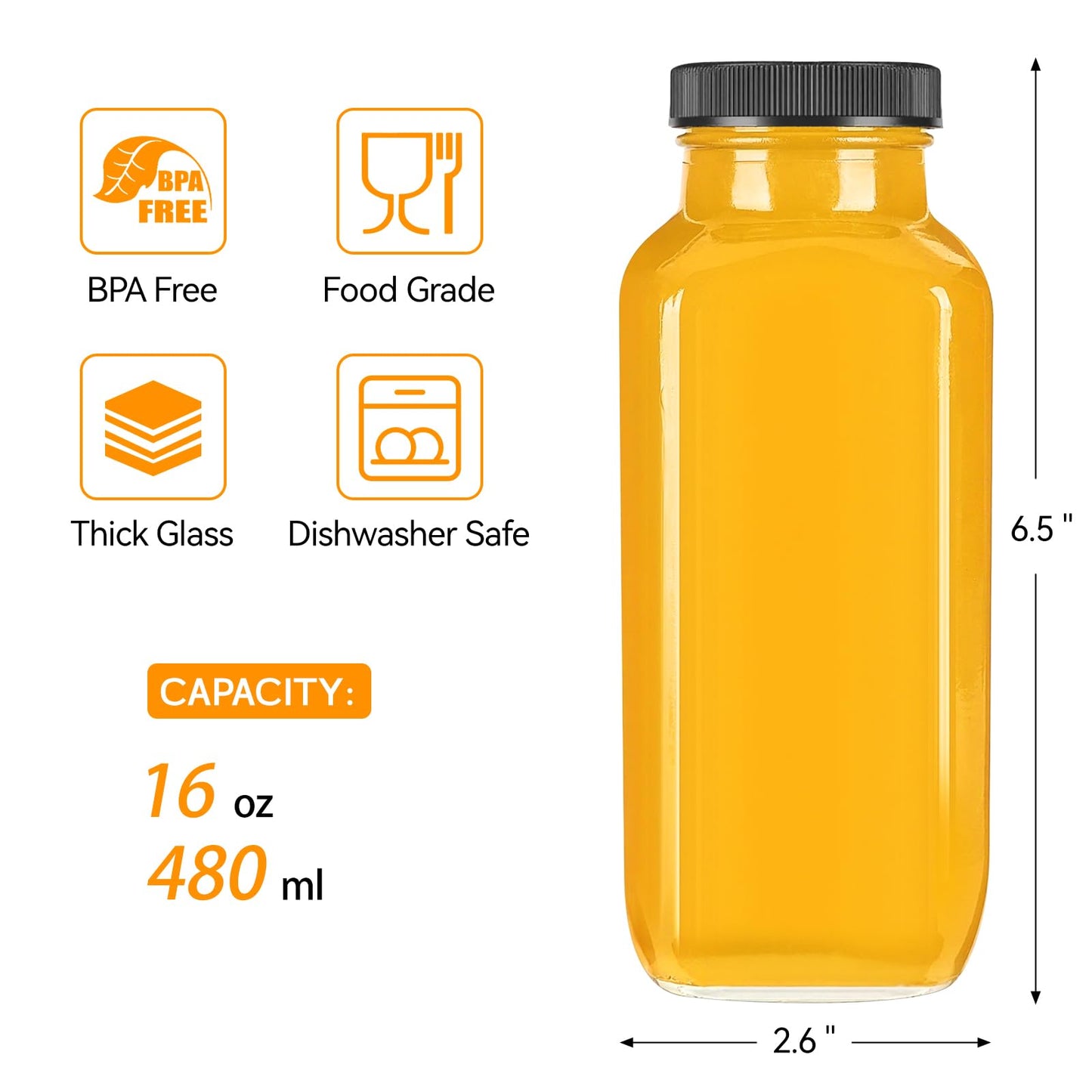 TUZAZO 10 PACK 16 Oz Glass Juice Bottles with Lids, Reusable Travel Drinking Jars Juice Containers, Glass Bottles for Juicing with Brush, Straws, Lids with Hole