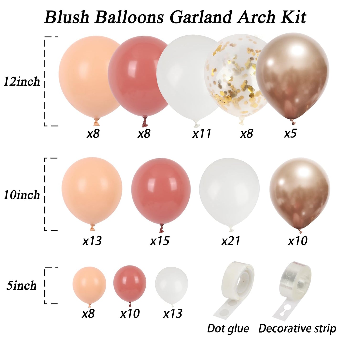 RUBFAC 130pcs Blush Pink Balloon Garland Arch Kit, Dusty Pink Peach Rose Gold White Balloon Garland Kit for Party Birthday Girl Baby Shower Boho Party Decorations
