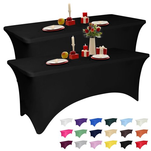 2 Pack 5 Feet Black Spandex Tablecloth for Rectangular Tables, Fitted & Stretch, Washable, Wrinkle Resistant, Perfect for Event, Wedding, Party, Banquet, Cocktail, Festival, and Table Protector