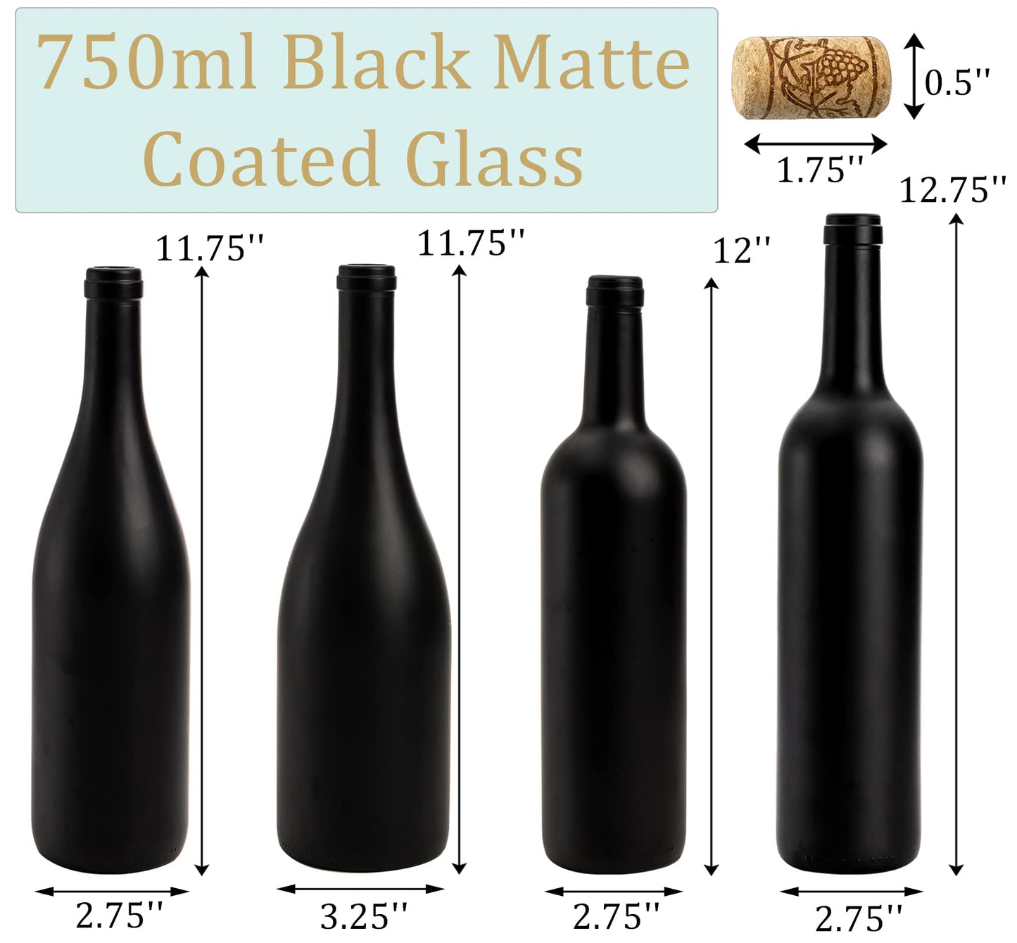Yesland 4 Pack Empty 750ml Matte Coated Glass Wine Bottles with Cork Bordeaux Liquor Bottles for Wine, Bottle Tree - 4 Sizes