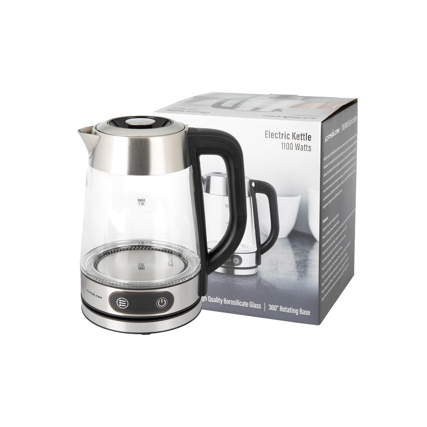 Epsilon 1.8L Glass Electric Kettle – Hot Water Tea Kettle with Borosilicate Glass & Stainless Steel, Auto Shut-Off, Fast Boil 1100W Electric Teapot, BPA-Free, Cool Touch Base