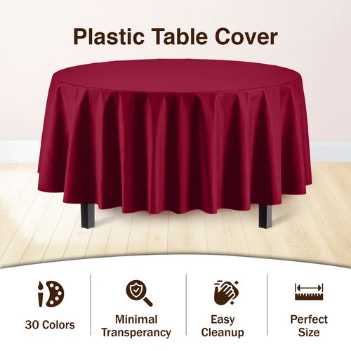Exquisite 12-Pack Premium Plastic Tablecloth 12-Pack Premium Plastic 84-Inch Round Tablecloth, Burgundy