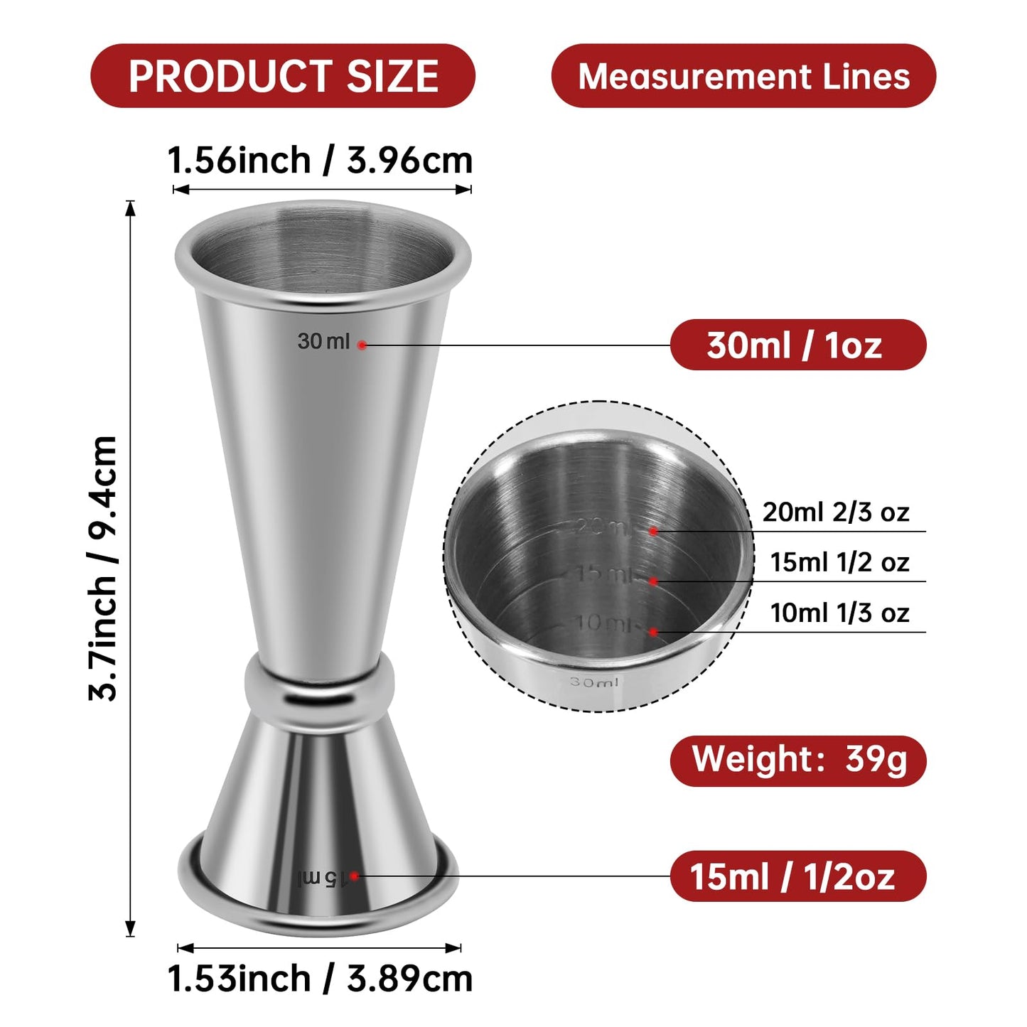 15-30ml Jigger for Bartending,Japanese Professional Cocktail Jigger Premium 304 Stainless Steel Jigger Premium & Heavy-Duty 0.5OZ- 1 OZ with Dimensions Inside Bartending Measuring
