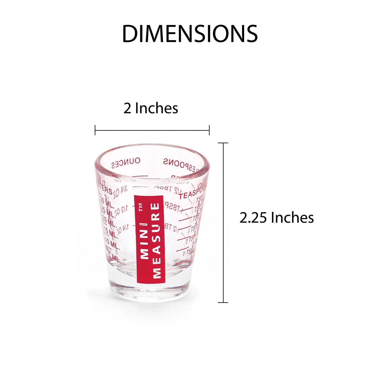 Kolder Mini Measure Heavy Glass, 20-Incremental Measurements Multi-Purpose Liquid and Dry Measuring Shot Glass, Red