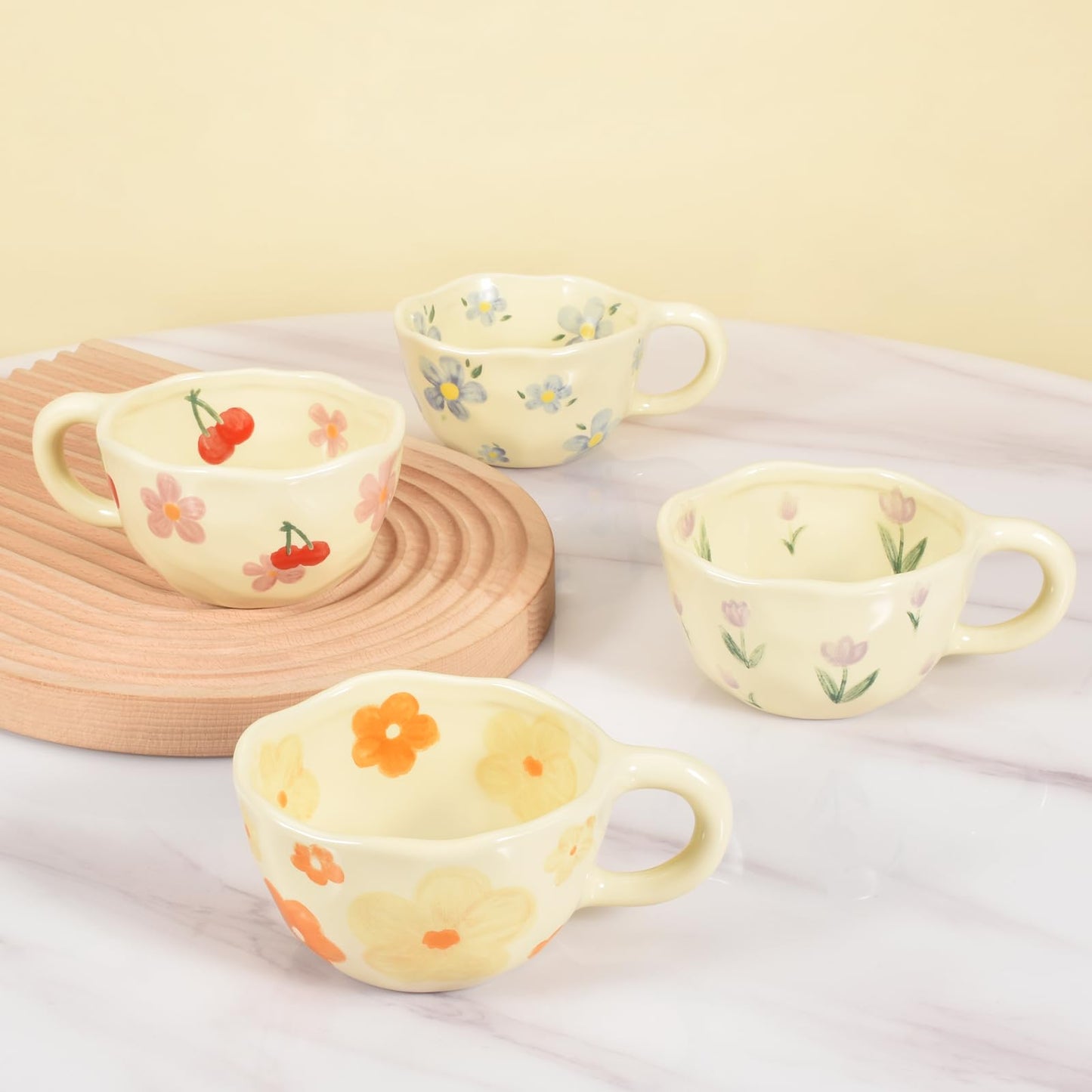Koythin 4-Piece Ceramic Coffee Mugs, Creative Flower Mug for Office and Home, 8.5 oz/250 ml for Latte Tea Milk (Blue Flower, Orange Flower, Pink Cherry, Purple Tulip)