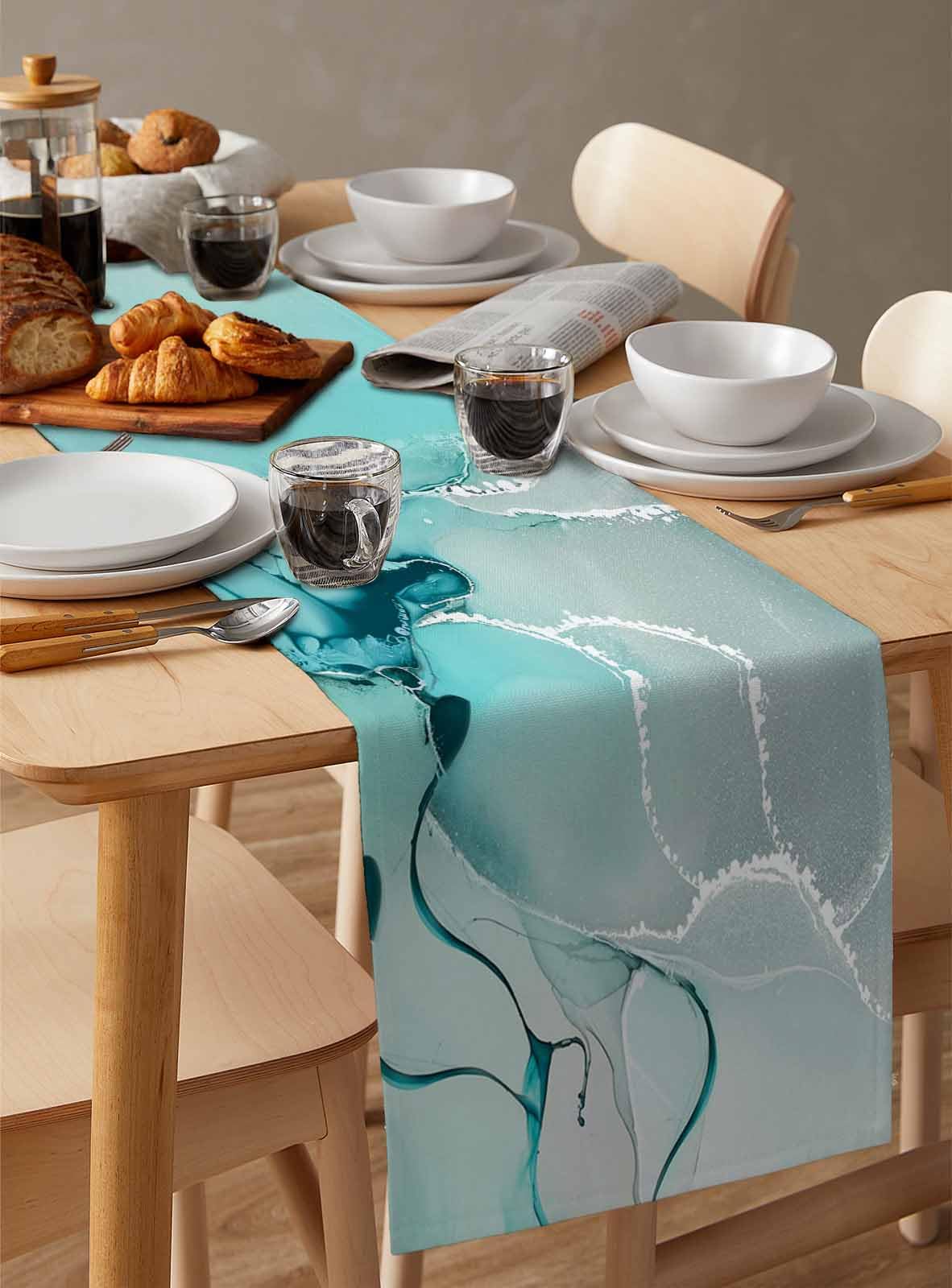 Marble Turquoise Teal Aqua Table Runner 90 Inches Long,Cotton Linen Modern Kitchen Dinner Dining Table Runners Decor Long Dresser Scarf,Burlap Tablerunner for Coffee/Dining/Party/Wedding Table