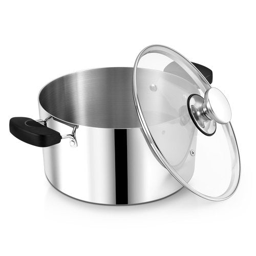 8 Quart 3-Ply Cooking Stock Pot with Lid, P&P CHEF Stainless Steel Large Pot for Pasta Soup, Work on Multi Stove, Heavy Duty & Dishwasher Safe, Dual Heat-resistant Handles & Transparent Glass Lid