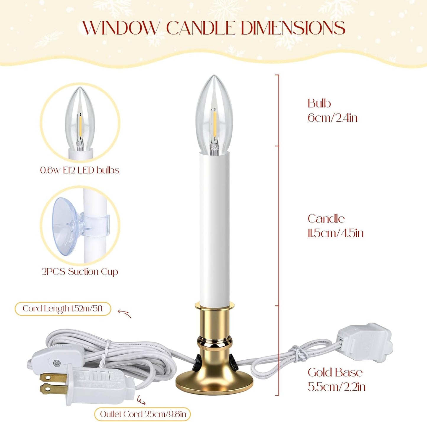 Skiennix Christmas Electric Window Candle Lights - 2 Pack with Gold Base & 6FT Cord | Clear Bulb & Suction Cups
