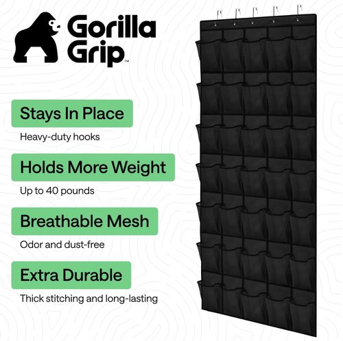 GORILLA GRIP Over The Door Shoe Organizer - 35 Large Breathable Mesh Pockets | Space-Saving Storage, 68.5H x 24.5W, Black