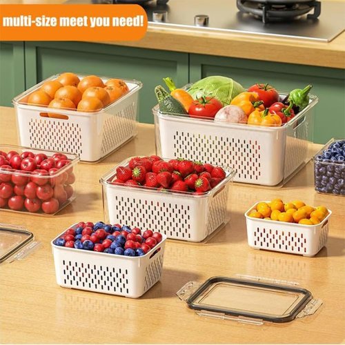 4 in 1 Food Storage Container Set - Large Fruit Containers with Lid & Strainer | White (3PC)