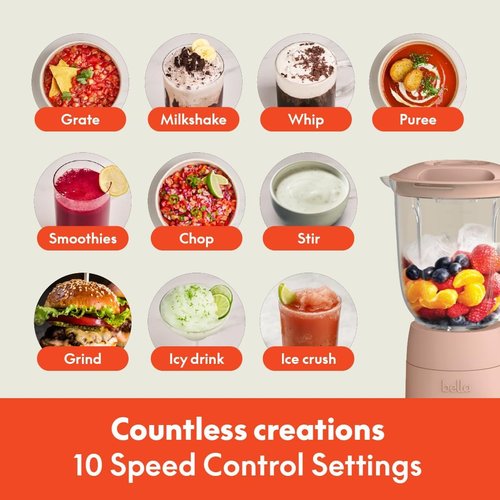 Bella 10-Speed Countertop Blender - Slim Flip & Store Design | 48oz Dishwasher Safe Pitcher, Stainless Steel Blade, 450W