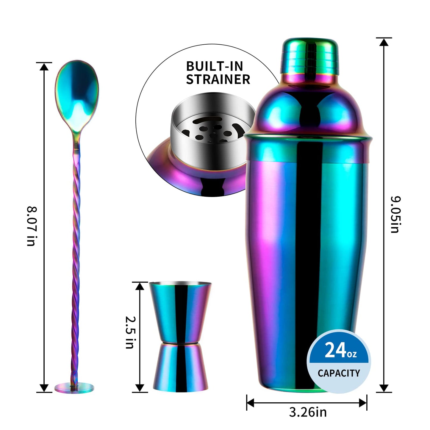 Safring 24oz Cocktail Shaker Bar Set, Martini Shaker with Built-in Strainer, Measuring Jigger, Mixing Spoon, Professional Stainless Steel Large Bartender Drink Shaker Margarita Alcohol Mixer-Rainbow