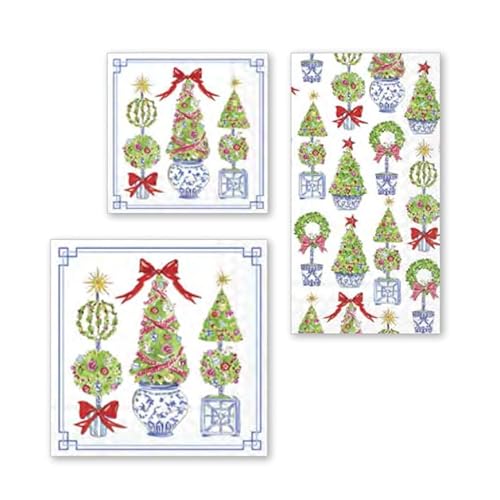 Boston International Rosanne Beck Winter Holiday Christmas IHR 3-Ply Paper Napkins, 20-Count Lunch Size, Bright Topiary Trees