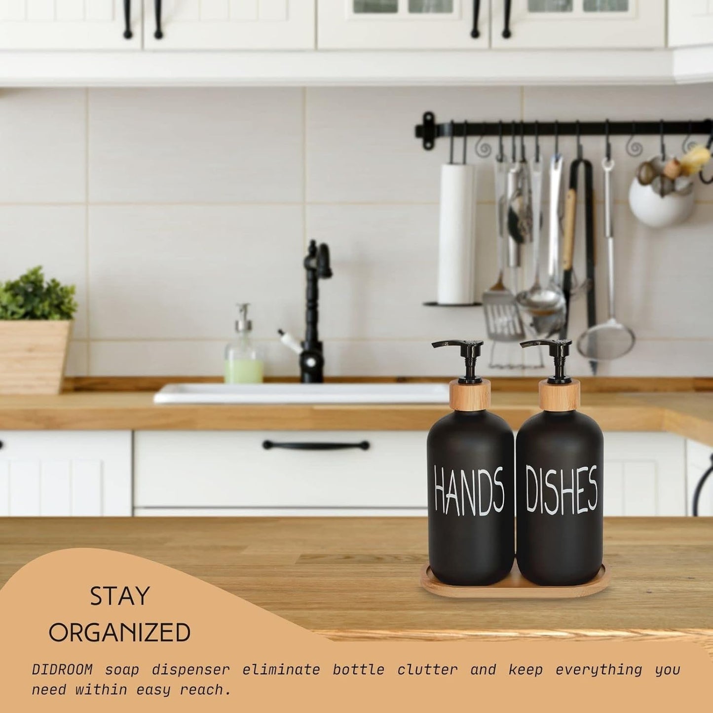 Skiennix Glass Soap Dispenser Set - Vintage Pump with Bamboo Tray for Kitchen & Bathroom | Matte Black