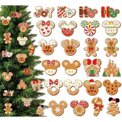 24pcs Gingerbread Christmas Tree Decorations Wood Hanging Ornaments Mouse Joy Pattern Gingerbread Christmas Ornaments for Tree Winter Holiday Hanging Decor Indoor