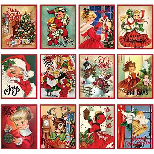 12 Pcs Christmas Wall art Vintage Xmas Wall Picture Decor Holiday Santa Snowman Girl Retro Art Poster for Modern Family Home Living Room Bedroom Merry Christmas Winter Painting Decor 8 x 10 Inch