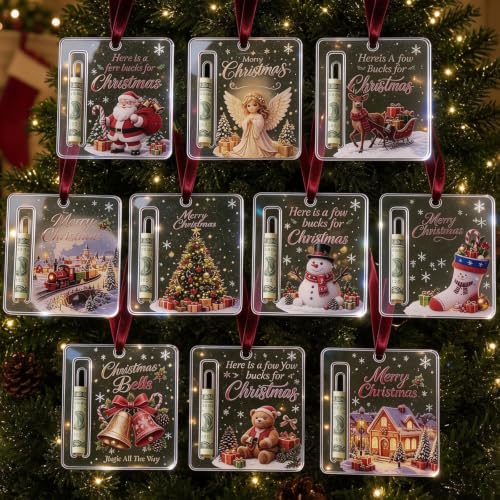 10Pcs Christmas Cash Gift Ornament - Acrylic Money Holder, Santa/Reindeer/Tree Designs, Gift Ready
