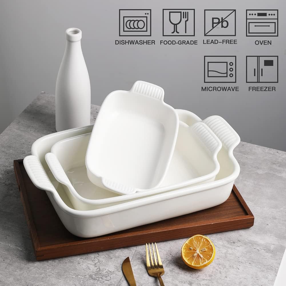 Sweejar Baking Pans Set - Durable Ceramic 9x13 Baking Dish with Handle | 3-Piece Casserole Bakeware Set (White)