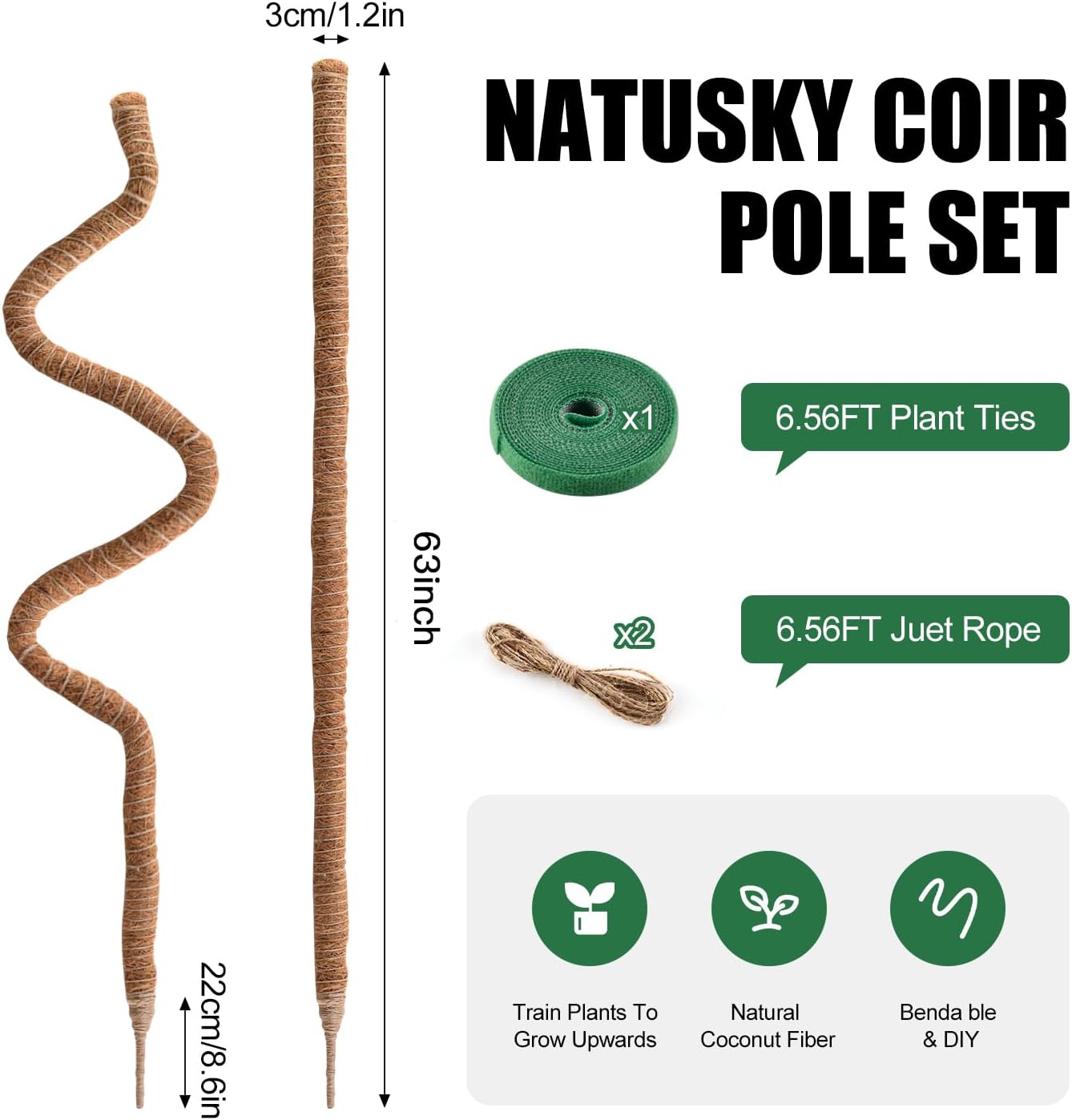 Skiennix 63-Inch Bendable Moss Pole - 2 Pack Handmade Support Stakes for Climbing Plants