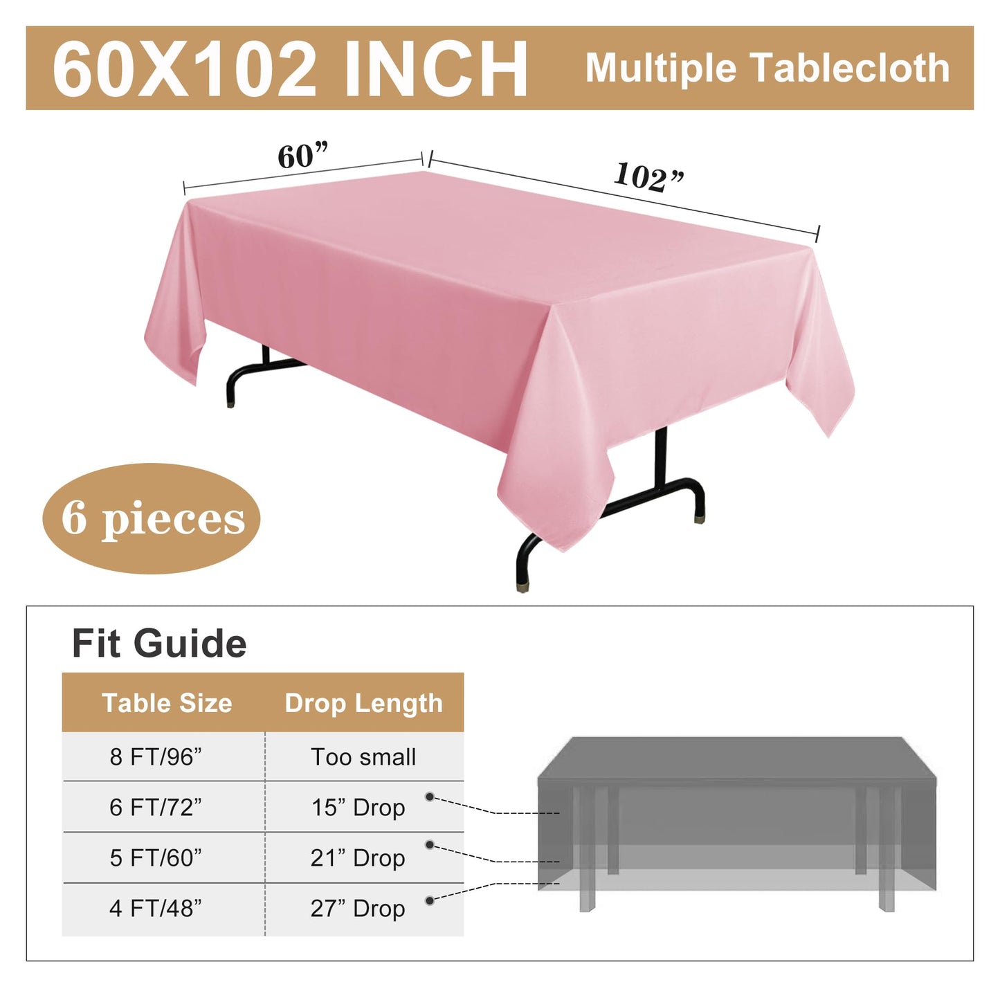 sancua 2 Pack Pink Tablecloth 60 x 102 Inch, Rectangle Table Cloth for 6 Feet Tables - Stain and Wrinkle Resistant Washable Polyester Table Cover for Dining Tables, Valentines Parties