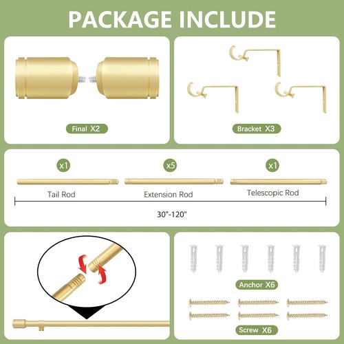 Gold Adjustable Curtain Rods by [Brand Name] | 5/8” Diameter, 30-120 Inch for Windows