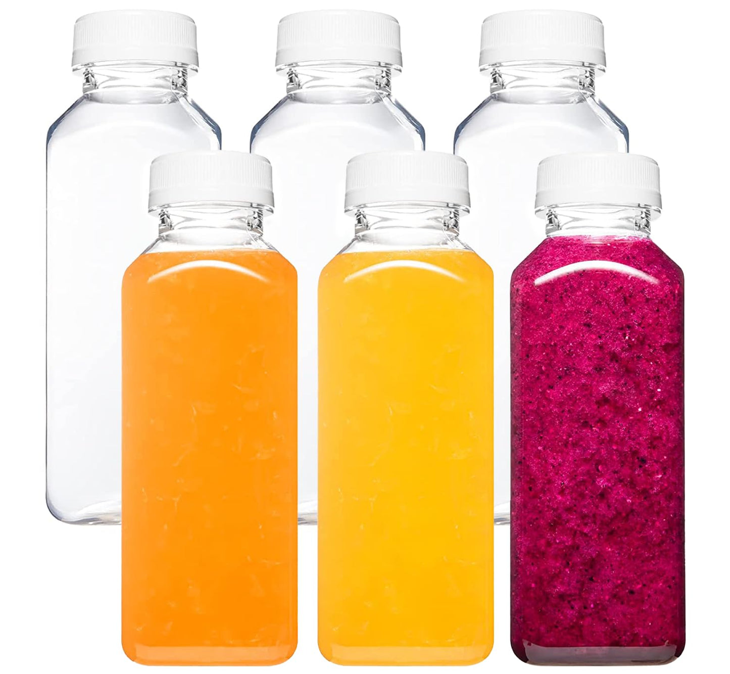 Norcalway Plastic Juice Bottles with Caps, Reusable Juicing Bottles, Clear Drink Containers with Lids for Juicing, Smoothie and Other Beverages - 12oz 6pcs
