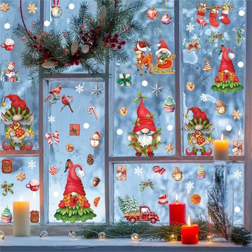 Christmas Gnome Window Clings Decals - Holiday Stickers for Home & Office - Xmas Decorations
