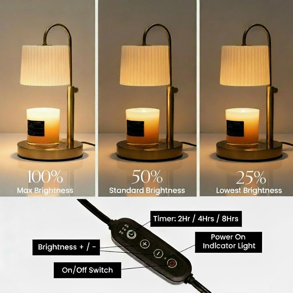 Dimmable Glass Candle Warmer Lamp with Timer - Adjustable Height Candle Lamp Warmer with Timer (8H/4H/2H) - Wax Melter - Ideal Gift, fits Various Size Scented Candles - 02 Bulb - (Gold Metal)