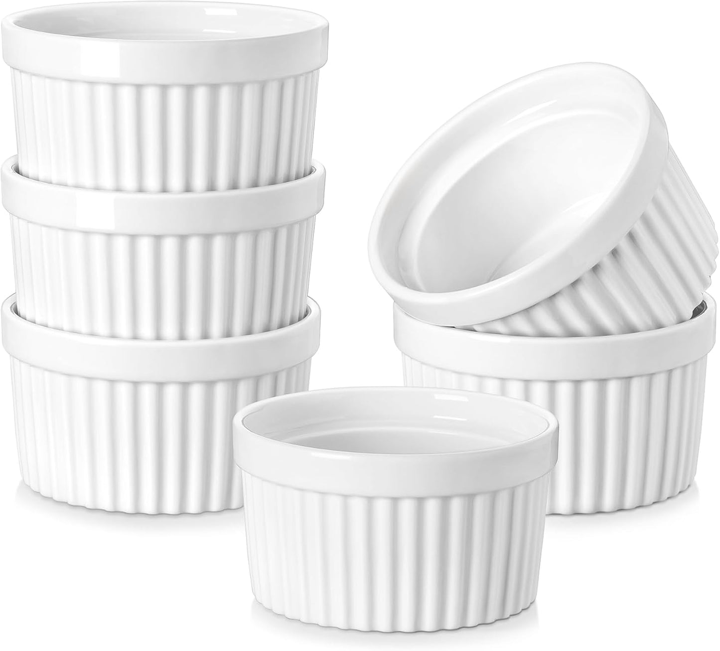 MALACASA Ramekins - 8 Oz Oven Safe Porcelain Baking Cups for Creme Brulee & Pudding | Set of 6 White