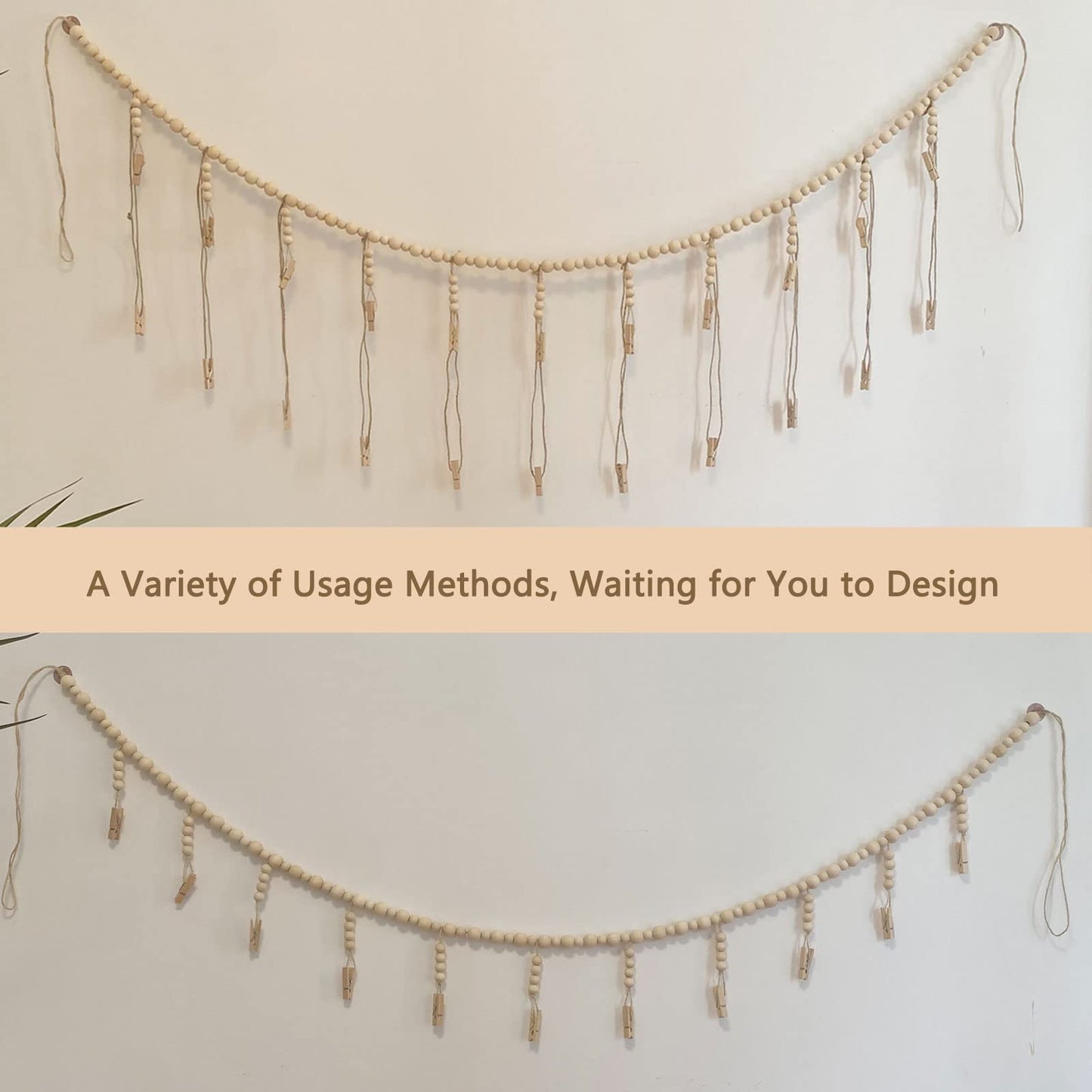 Kintyno Hanging Photo Display with 22 Clips, Wooden Bead Garland, Boho Style Collage Photo Frame Decoration for Dorms, Classrooms, Bedrooms