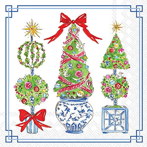 Boston International Rosanne Beck Winter Holiday Christmas IHR 3-Ply Paper Napkins, 20-Count Lunch Size, Bright Topiary Trees