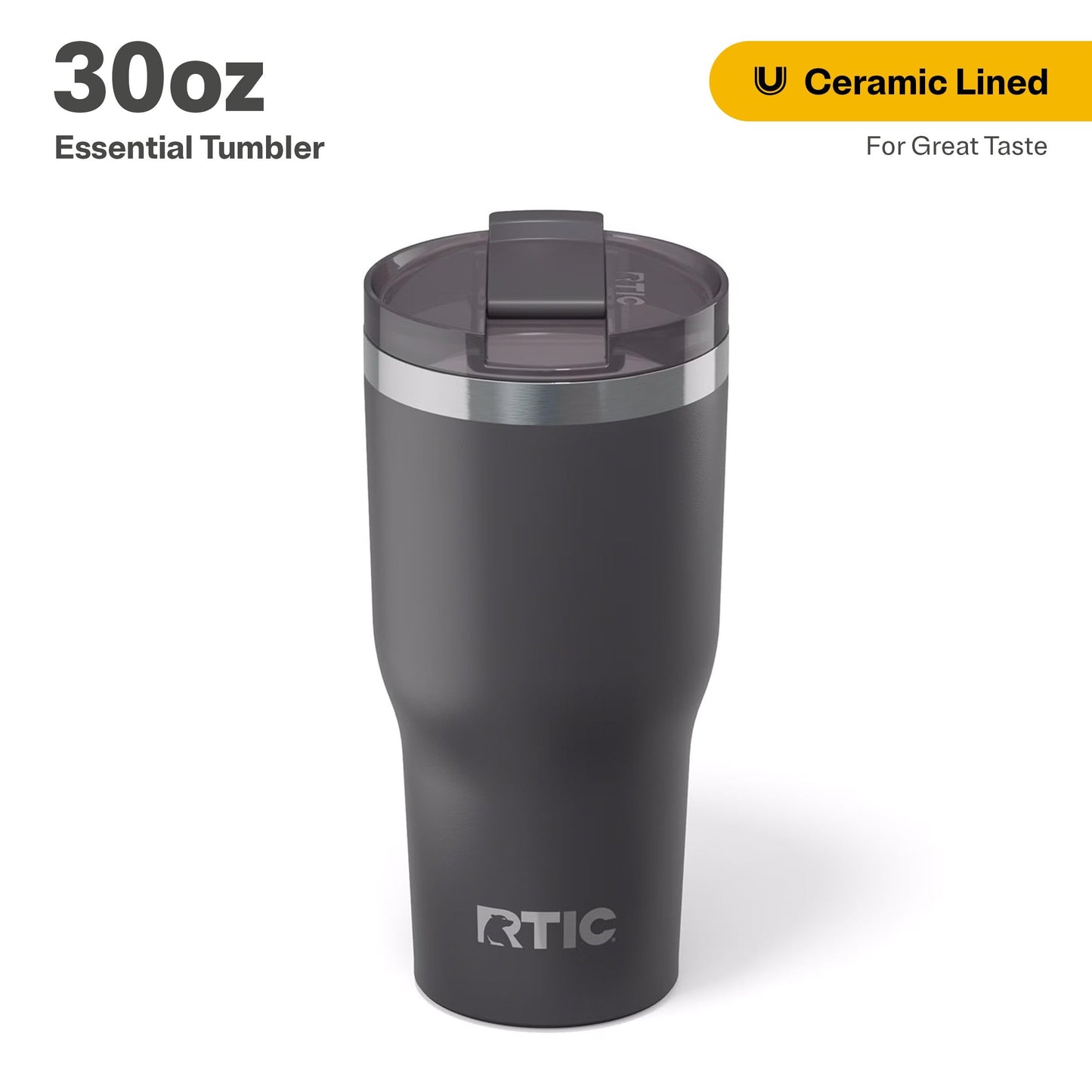RTIC 30oz Essential Tumbler with Lid, Ceramic Lined, Insulated, Stainless Steel, Metal, Double Wall Vacuum-Insulation, Travel Cup for Iced Coffee, Tea, Hot and Cold Drink, Graphite