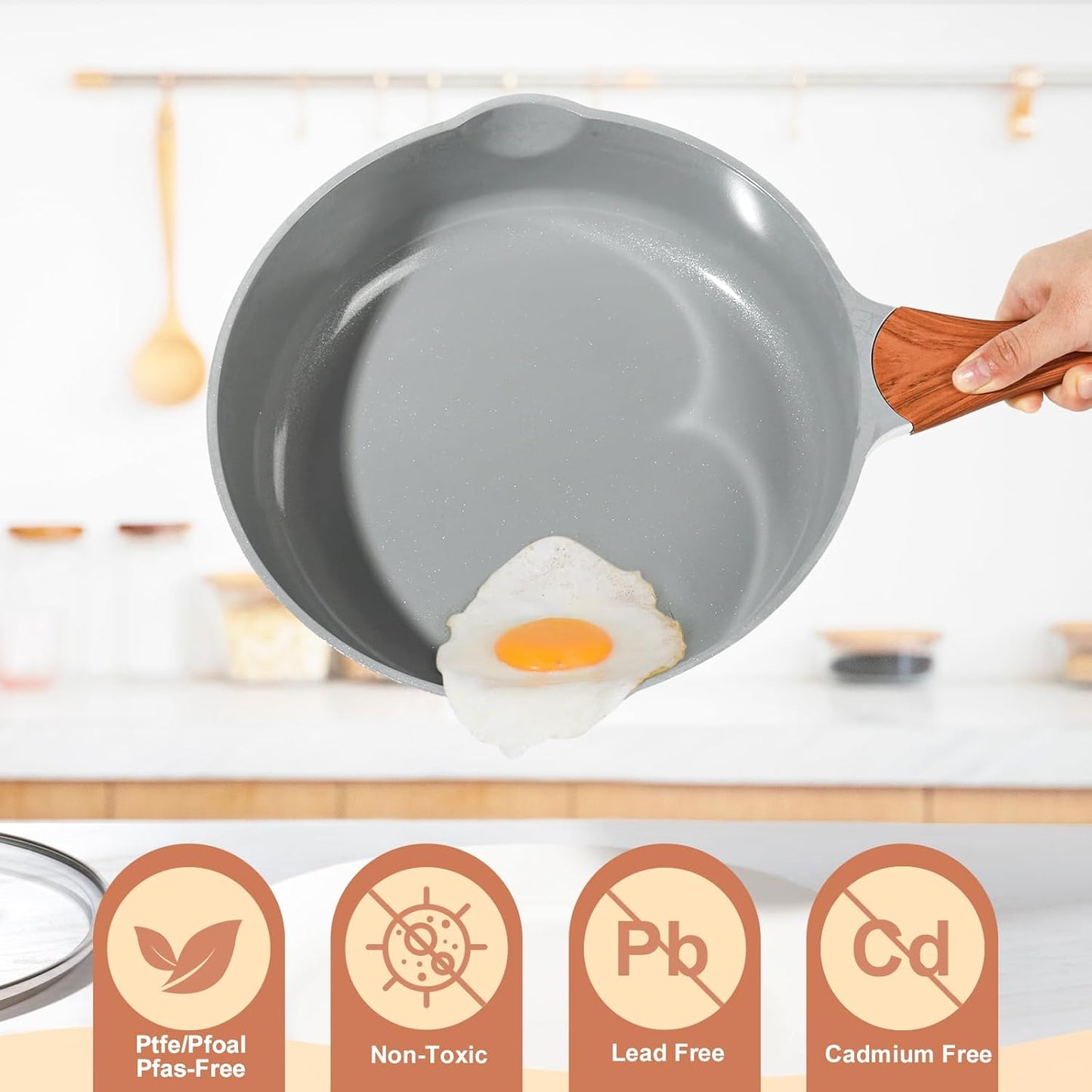 Skiennix Nonstick Frying Pan - 11-Inch Ceramic Skillet with Lid & Pour Spout | PFOA-Free, White