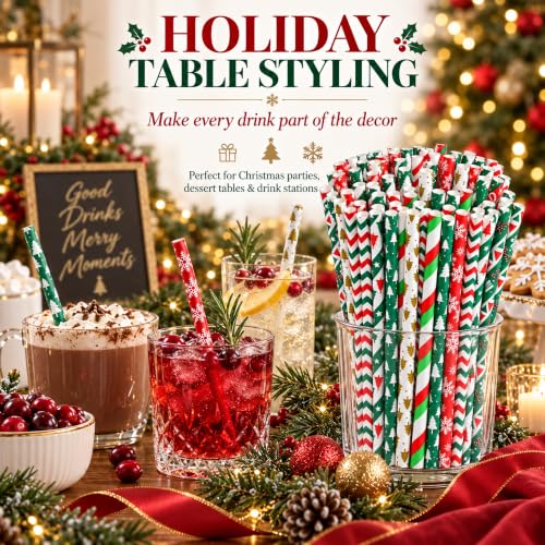 200 Christmas Paper Straws, 7.75in Party Straws