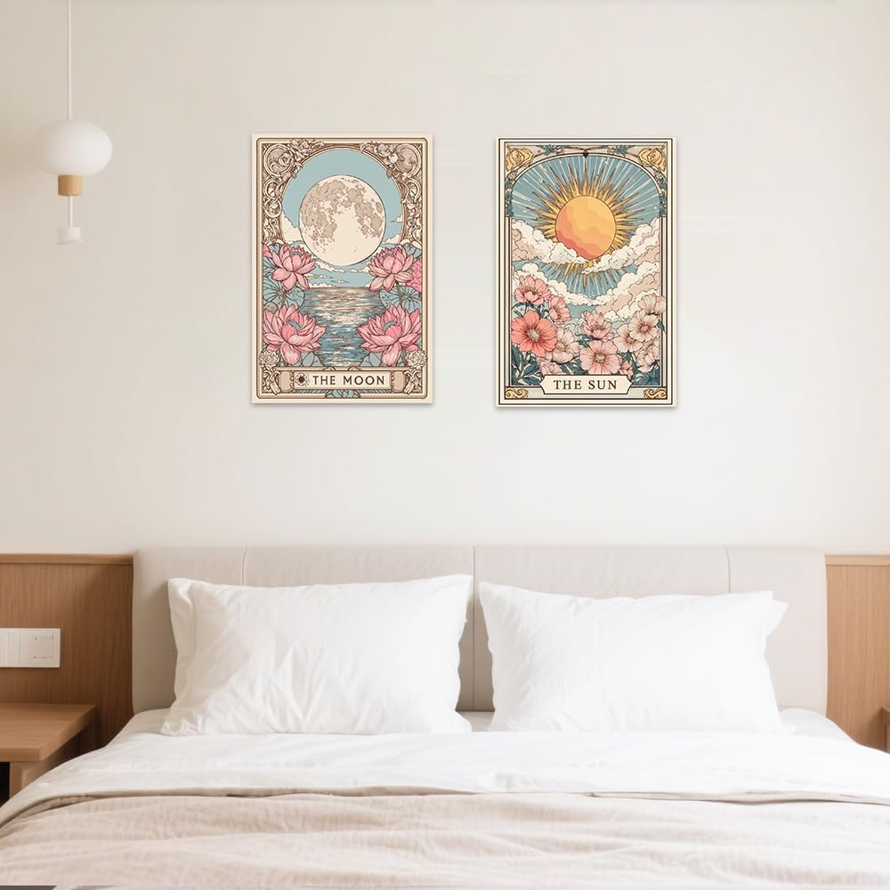 SWQYLB Celestial Sun Moon Wall Art Set - Floral Tarot Canvas Prints for Bedroom Decor (12"x16"x2)