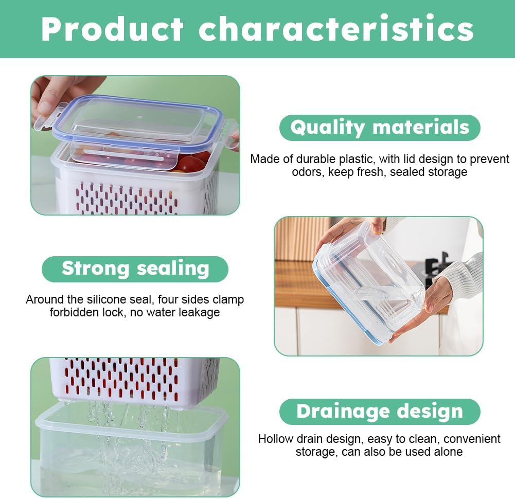 Skiennix 2-Pack Fruit Storage Containers - Removable Colanders, Dishwasher & Microwave Safe, Keeps Produce Fresh
