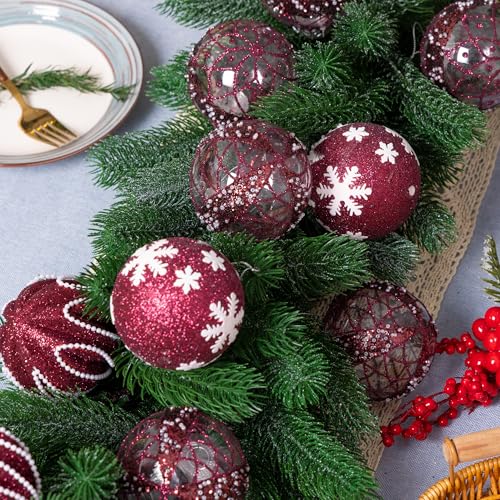 Burgundy Christmas Ornaments Set 12 pcs 3.15-inch Glitter Holiday Hanging Balls