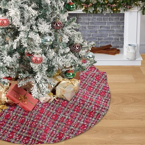 B-COOL Red Green Plaid Snowflake Christmas Tree Skirt 24 Inch - Buffalo Check Holiday Decor