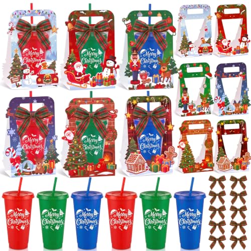 Honeydak 12 Pack Christmas 24oz Plastic Tumblers with Gift Boxes & Ribbons