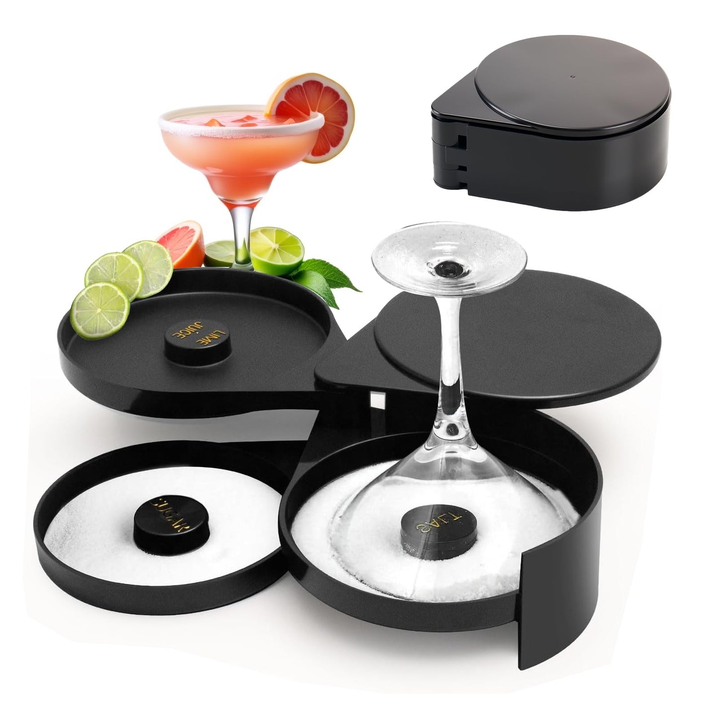 WELKOR Glass Rimming Station with 4-Swing Out Trays,Bar Glass Rimmer for Margarita and Cocktail, Bartender Tool,Salt Box Spice Container (1 Pack)