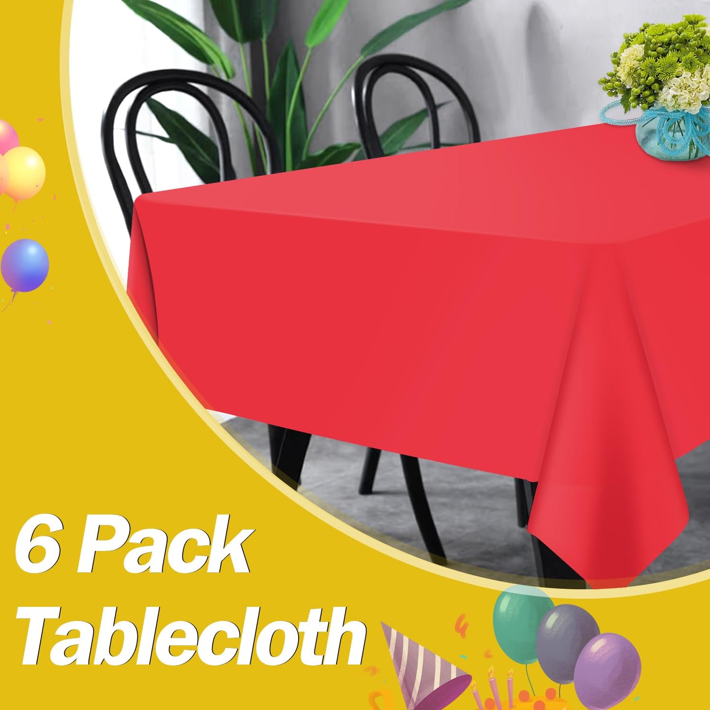 tujol Red 6 Pack Plastic Table Cloth 54" x 108", Disposable Tablecloths Rectangle Table Cover, Plastic Tablecloths for Parties