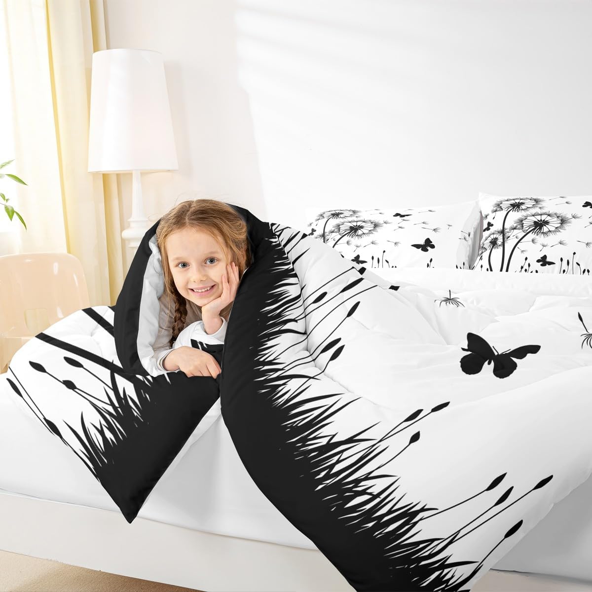 Homewish Dandelion Comforter Set Queen Size,Rustic Natural Bedding Set 3pcs for Kids Teens Girls Boys Room Decor,Butterfly Floral Animal Quilt Set Black and White Duvet Insert with 2 Pillowcases
