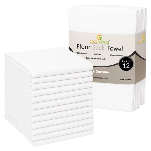 GOLD TEXTILES White Flour Sack Towels (12 Pack - 28x28) 100% Cotton Kitchen Towels – Multipurpose, Soft & Absorbent, Quick Dry with Easy Care