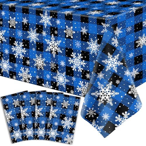 4 Pack Christmas Checkered Snowflake Tablecloths Blue & Black Buffalo Plaid 51 x 86"