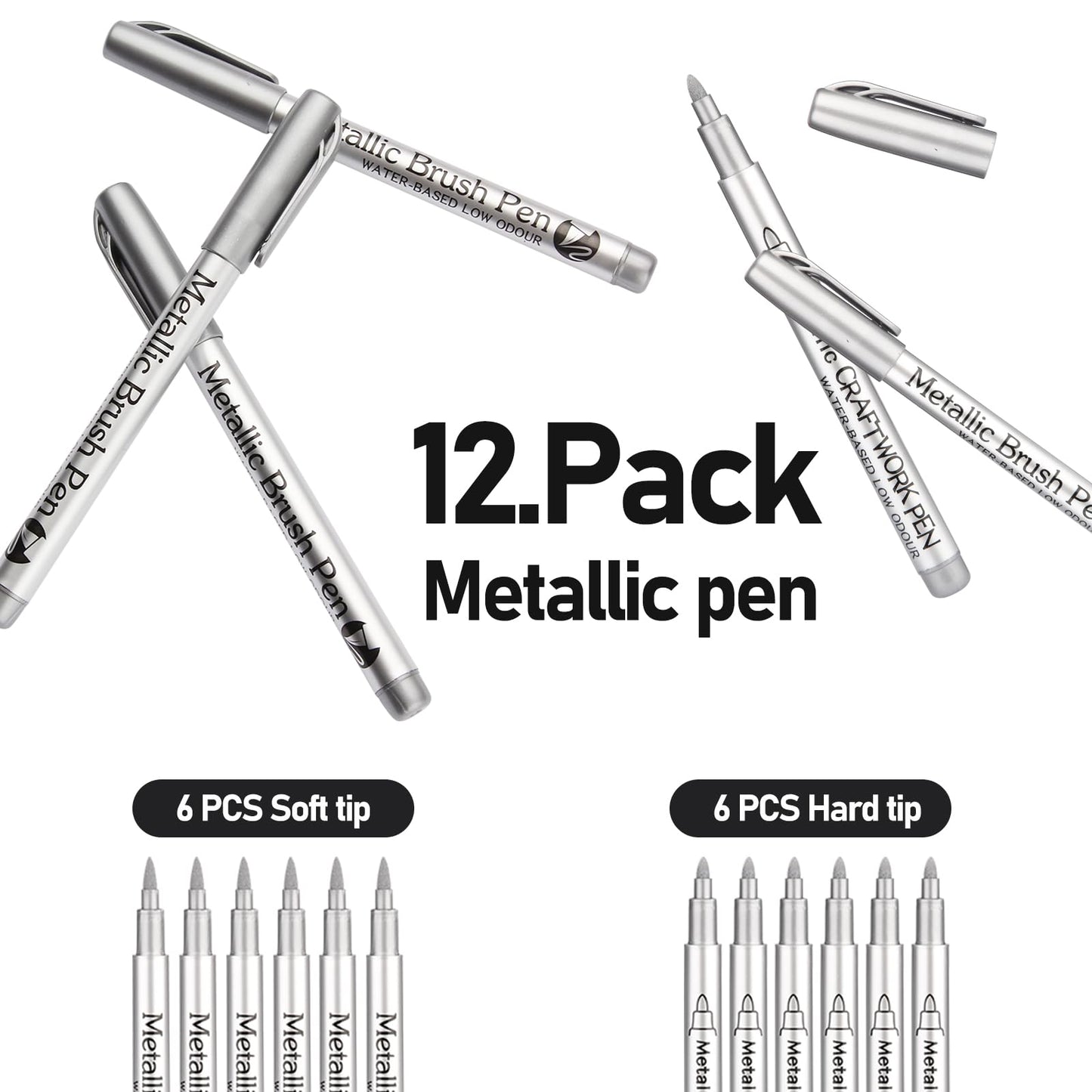Snailmart 12Pcs Silver Paint Pens,Acrylic Silver Permanent Marker for Rock Painting, Wood, Metal, Fabric, Plastic, Canvas, Glass, Ceramic, Diy Crafts(6 Round tip + 6 Brush tip)