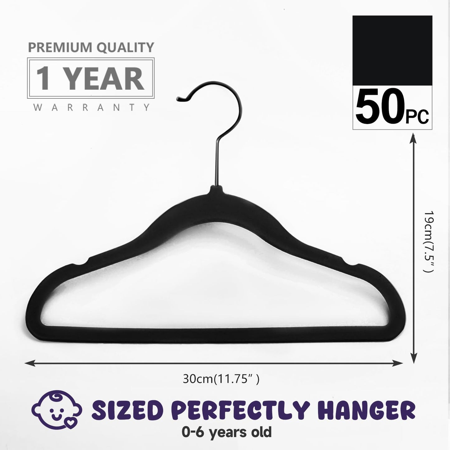 MIZGI Baby Velvet Hangers,Non-Slip Kids & Toddler Hangers,11.8 Inch Hangers for Baby Clothes,Pack of 50(Black/Black)