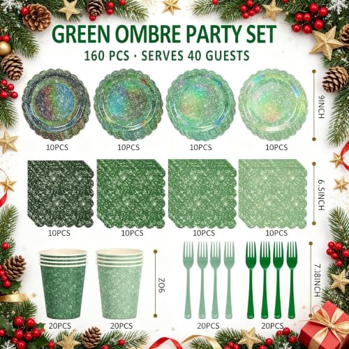 Green Iridescent Party Tableware Set for 40 Guests - Holographic Plates (Clystrant)
