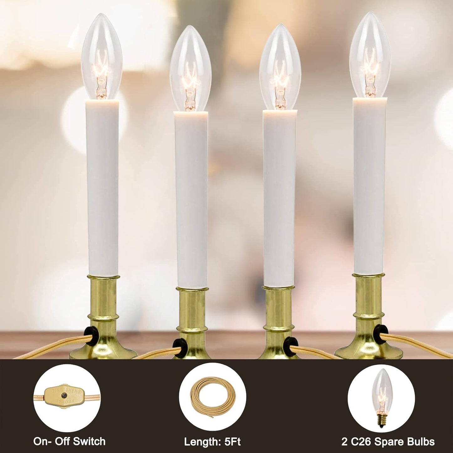 Skiennix Electric Christmas Window Candle Lamps - Flameless Taper Candles with Golden Base | 4 Pack