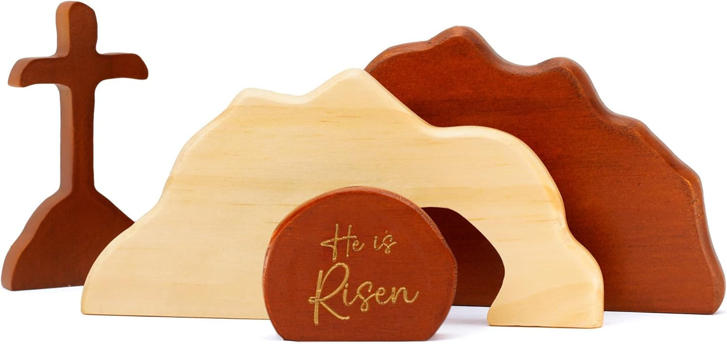 Natural Wood Easter Decor - He Is Risen Empty Tomb Scene | Christian Spring Decorations for Home & Church