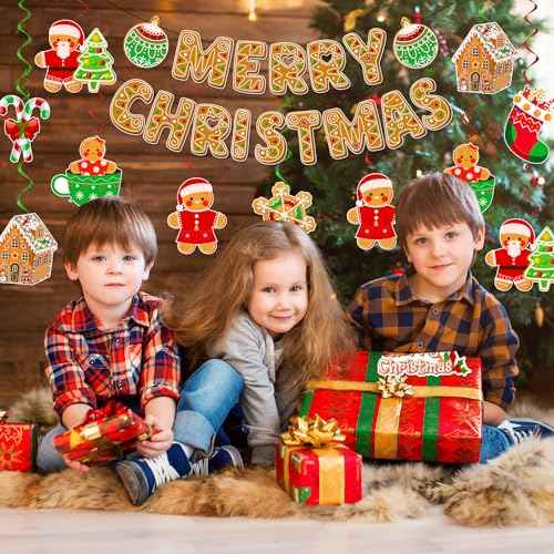 LARRAZABAL Gingerbread Banner, Gingerbread Christmas Decor Include Christmas Banner and Gingerbread Hanging Swirl, Christmas Party Supplies Decorations